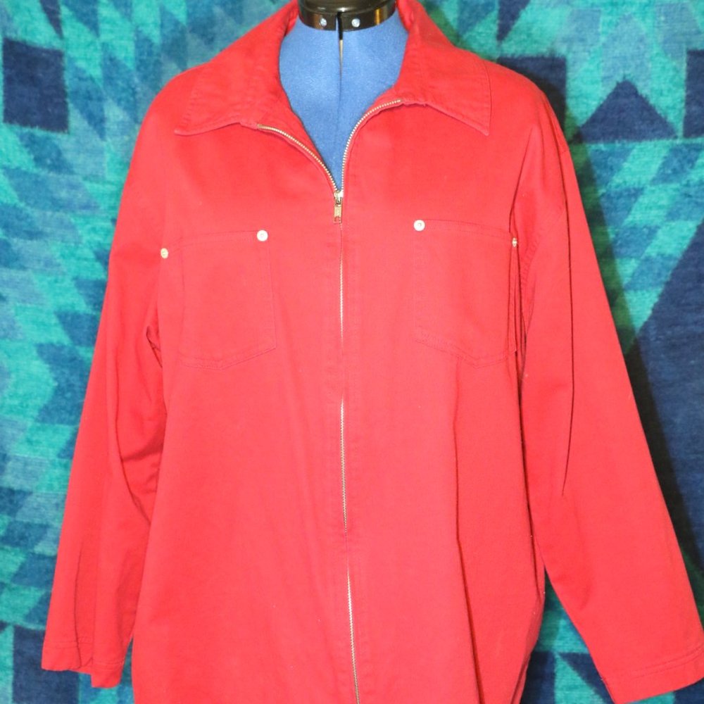 Denim & Co Women's Zippered Jacket 1X 100% Cotton- Red